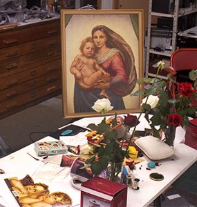 Monica Ross' studio, with valentine artefacts.