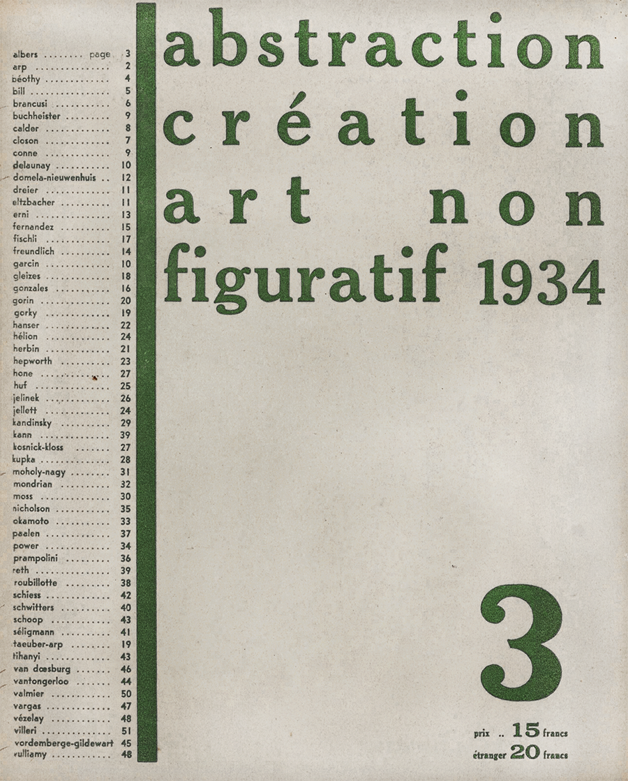 The journal abstraction-création: art non-figuratif was published in Paris annually from 1932-1936. Issue 3 from 1934 includes Paule Vézelay.