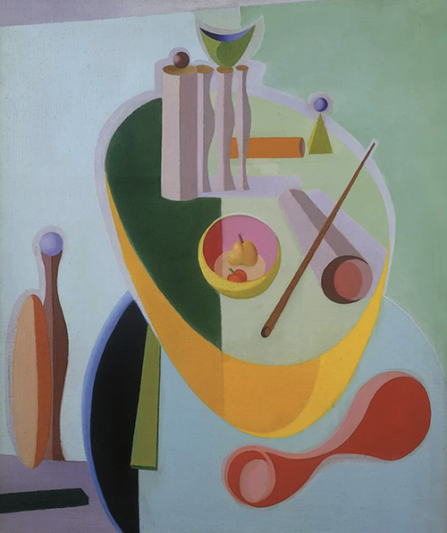 Paule Vézelay: Collection of Objects on a Blue Table (1934).